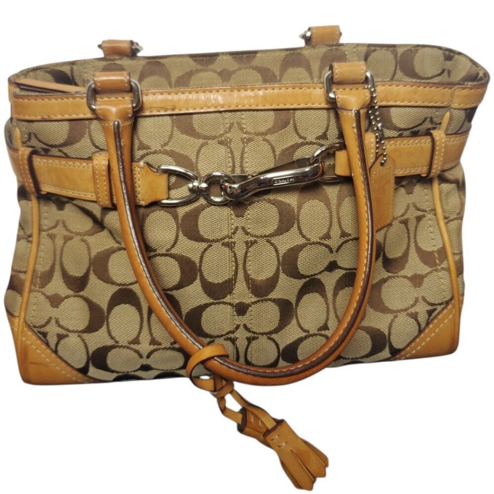 Coach Vtg Hampton Signature & Leather Satchel Bag W/Brass Hardware & Dual Handle - Picture 11 of 16